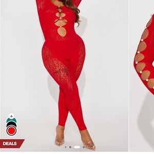 Fashion Nova Cutout Lace Panel Red Jumpsuit